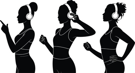 Black silhouette women with headphones music listening des