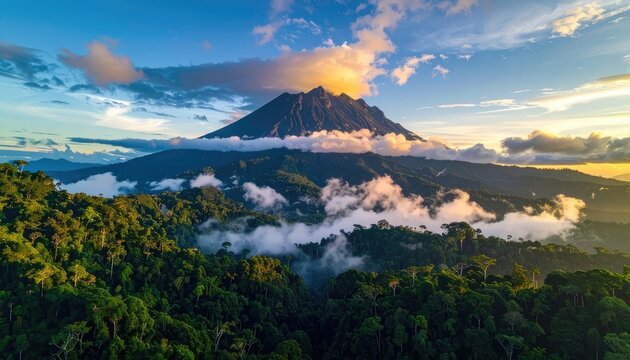 Majestic Mount Kinabalu emerges from morning clouds above a lush rainforest.