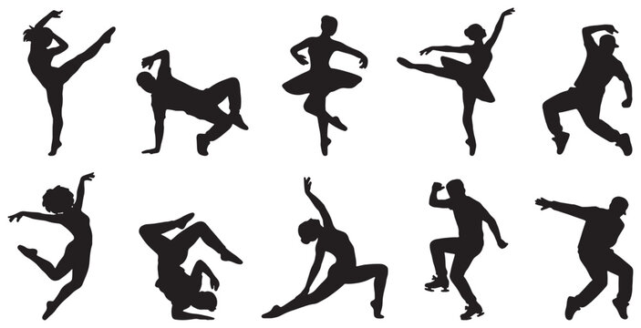Collection of Silhouettes of Dancers Performing Various Styles of Dance.