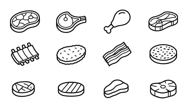 Collection of meat and steak icons featuring various cuts of beef pork chicken for culinary and menu design beefsteak culinary nutrition