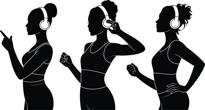 Black silhouette women with headphones music listening des