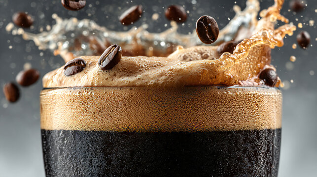 Extreme closeup of dark craft stout beer in a glass with a thick creamy tan foam head, surrounded by roasted coffee beans, sparkling droplets and dramatic liquid splashes against a dark studio