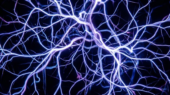 Blue and purple plasma filaments of electricity glowing against black background