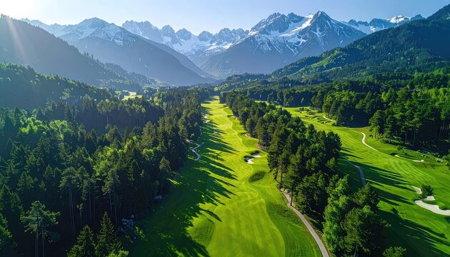 Scenic Golf Course Nestled Amongst Lush Green Forests and Snow-Capped Mountains