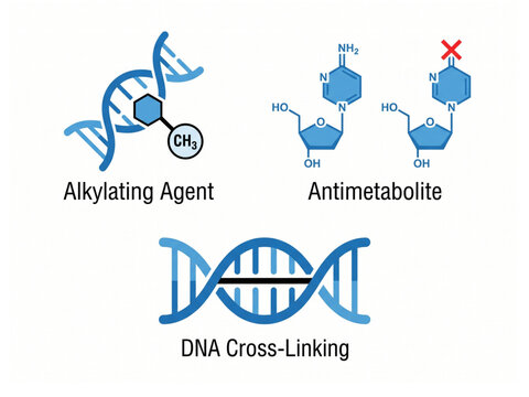 Biochemical mechanisms including alkylating agents, antimetabolites, and DNA cross-linking illustrate fundamental concepts in cellular biology and oncology research for educational purposes.