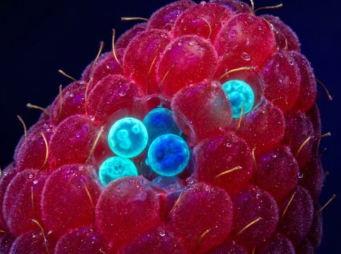 Cyclosporiasis Cyclospora Oocysts on Raspberry Under Fluorescence Microscope