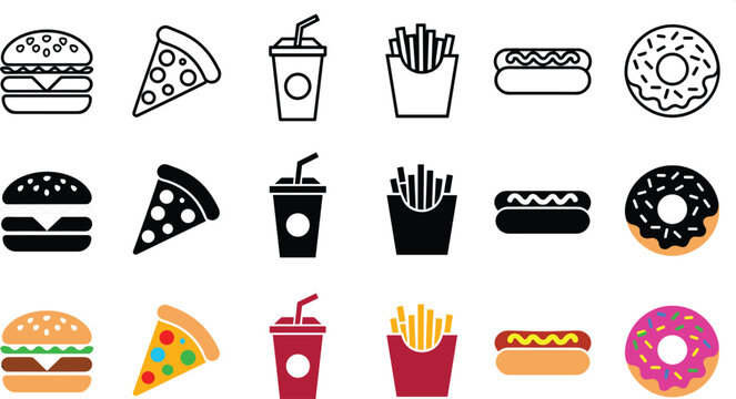 Flat of various food, utensils, and cleaning flat food pizza slice burger sushi taco hot dog
