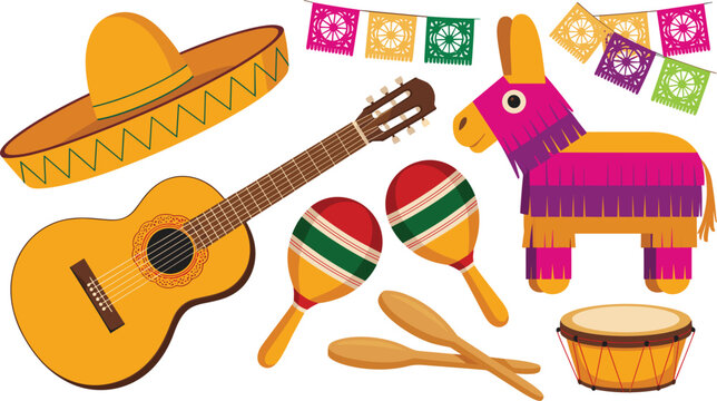 Mexican fiesta celebration vector element set featuring yellow sombrero hat, acoustic guitar, colorful donkey pinata, maracas, drum, spoons, and decorative party flags