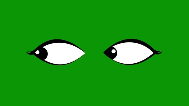 Cartoon eyes sign animation on green background, skittish eyeball looking left and right, hand drawn minimalist cartoon eye graphic for creative video production projects, seamless loop 4k video.