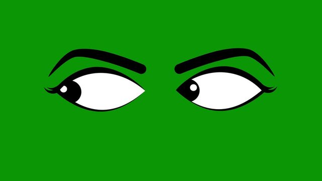 Animated cartoon eyes blinking on green background with glowing black pupils looking around, cartoon eyes animation, eye opening and closing, 2D animated Eyes with alpha channel, seamless loop 4k
