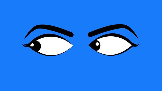 Animated cartoon eyes blinking on blue background with glowing black pupils looking around, cartoon eyes animation, eye opening and closing, 2D animated Eyes with alpha channel, seamless loop 4k
