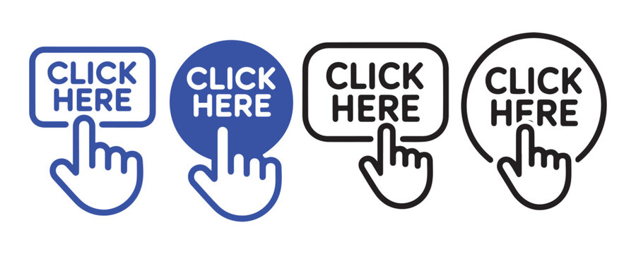 Click here button icon set with hand cursor pointing illustration.