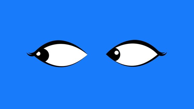 Cartoon eyes sign animation on blue background, skittish eyeball looking left and right, hand drawn minimalist cartoon eye graphic for creative video production projects, seamless loop 4k video.