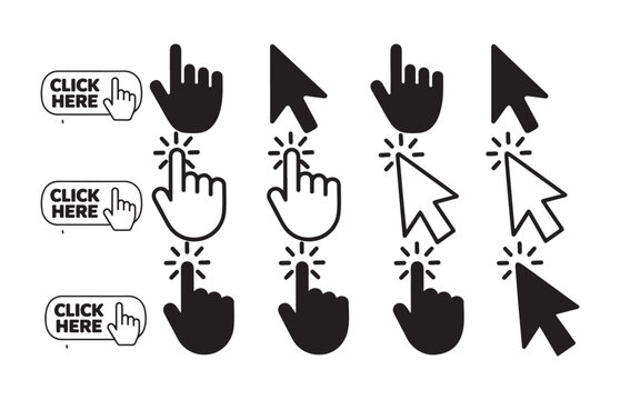 Click here buttons and cursor icons, various styles of interactive web elements.