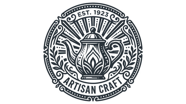 Vintage style tea pot emblem logo design.