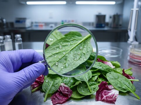 Scientist Inspecting Spinach for Cyclosporiasis Contamination in Lab