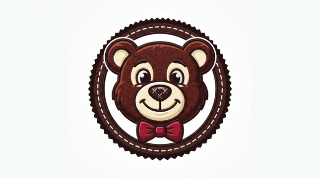 Retro teddy bear badge vector design with vintage embroidered plush toy patch illustration isolated on white background