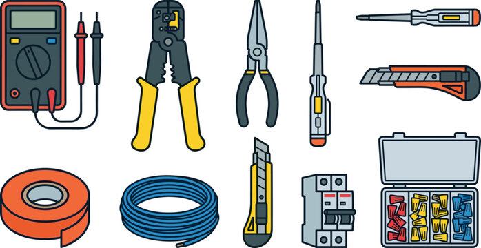 Electrician Tools Icon Set with Multimeter Wire Strippers Pliers Tape Cable Circuit Breaker and Connectors Vector Illustrations for Electrical Repair Maintenance Services