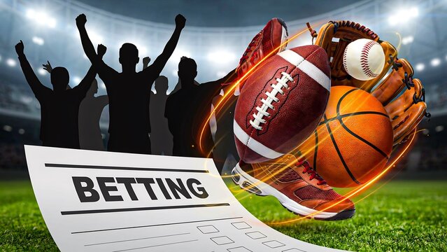 Sports betting concept with football basketball baseball and cheering fans in stadium