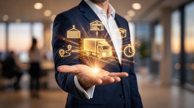 Businessman holding holographic logistics icons. Digital supply chain management interface.