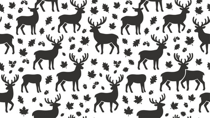 Fototapeta premium Seamless pattern with black deer silhouettes, oak leaves, and acorns on white. Nature wildlife forest background. Flat vector illustration EPS 10.