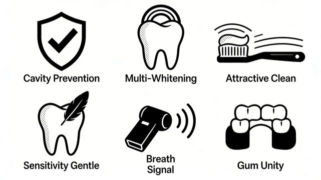 The shield tooth protection multi effect oral flat icon set is presented, representing the concepts of tooth decay prevention, mild anti allergy, and periodontal collaborative care.
