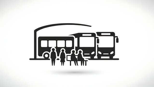 Bus station icon with waiting passengers. Public transport stop sign for urban travel.