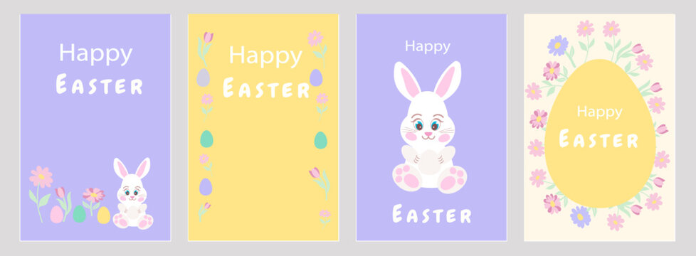 Set happy easter posters , collection card with banny, rabbit, eggs, flowers, yellow, pink, purple, pastel, 