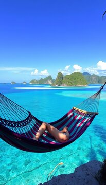 Seaside hammock sways gently in the ocean breeze as Bacuit Archipelago's stunning islands rise from the turquoise waters, blue waters, relaxation spot