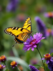 Fototapeta premium Vibrant yellow and black striped monarch butterfly landing on purple flower, black, purple