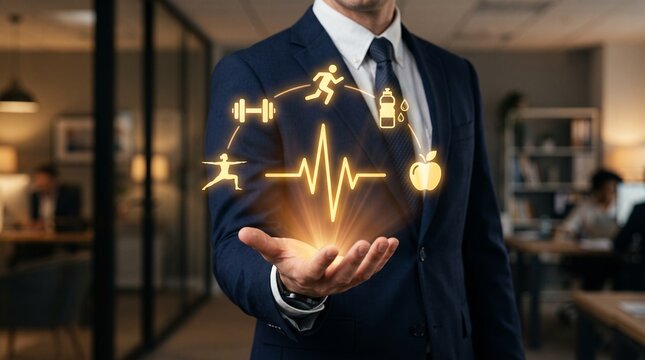 Businessman holding health hologram. Corporate wellness concept with digital fitness icons.