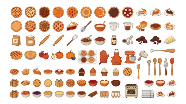 Autumn Baking and Pie Making Vector Icon Set, a delightful collection of 100+ dessert, ingredient, and kitchen utensil graphics for fall recipes and holiday celebrations