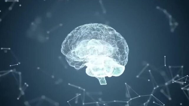3D human brain rotating with glowing digital plexus network background, artificial intelligence machine learning cyber concept