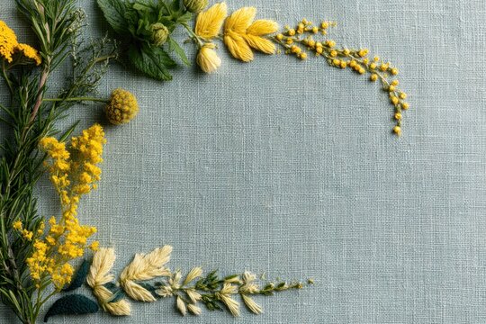 Blank frame template with embroidered herb border on linen fo