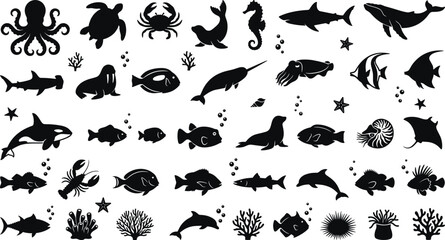Obraz premium Marine Sea Life Silhouette Collection Featuring Octopus Whale Shark Dolphin Fish Coral Ocean Wildlife Black Vector Clipart Illustration Set