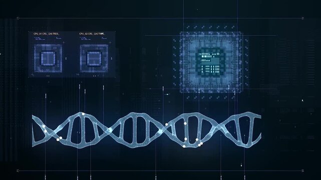 Abstract DNA helix structure with futuristic computer processor interface