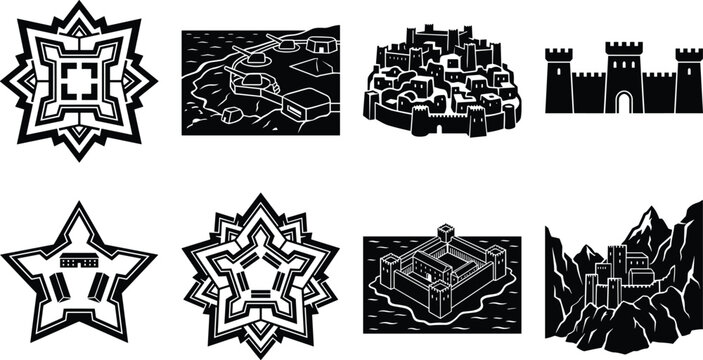 Set of black silhouette icons of military forts, star-shaped fortifications, medieval walled cities, and mountain castle strongholds