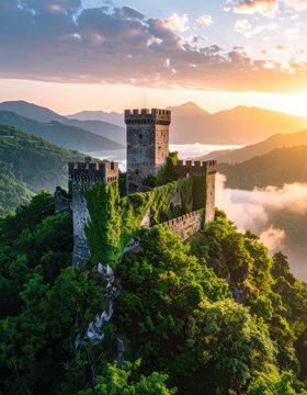Ancient stone castle perched atop a lush green mountain peak at sunrise.