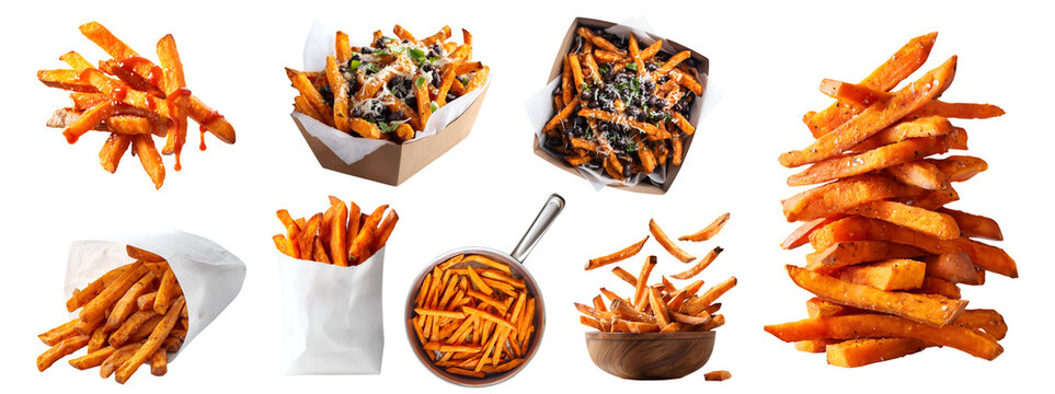 Set of fried baked stack pile of sweet potato potatoes fries fry, skillet frying pan, fly wooden bowl, takeout box bag with black beans and cheese, transparent cutout PNG Mockup