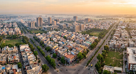 Fototapeta premium Aerial Panorama of Ludhiana City Skyline at Golden Sunrise Punjab India