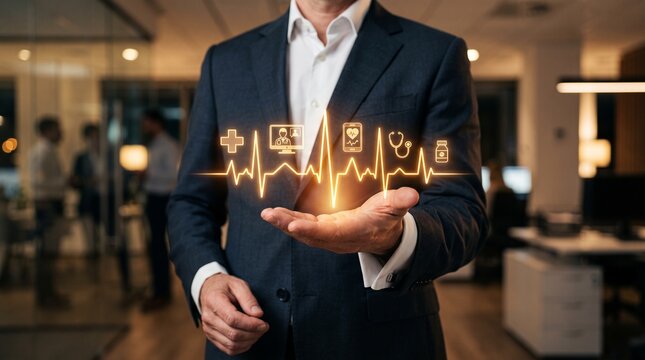 Businessman holding digital healthcare hologram. Medical professional using futuristic tech.