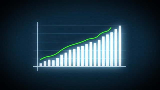 Animated business growth bar graph with rising green arrow indicator on blue background