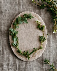 Blank oval skincare label with stitched herb wreath on natura