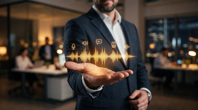 Businessman holding digital sound wave. Audio frequency visualization in professional office.