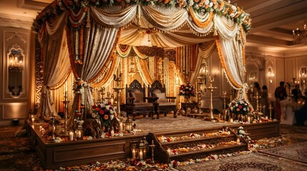 Fototapeta premium Ornate Indian wedding mandap stage with golden drapes and flowers in a luxury ballroom