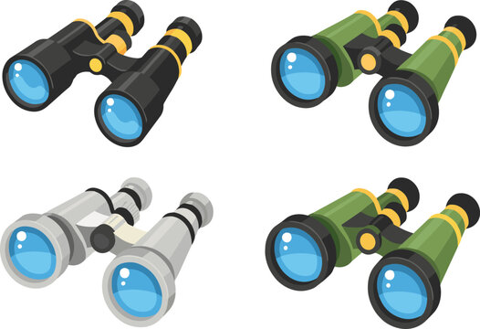 Binocular Collection with Military Hunting Travel and Bird Watching Optical Equipment Flat Vector Illustration Set