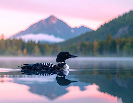 A common loon glides across a misty lake at sunrise with mountains in the background.