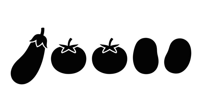 Vector illustration of set of fresh vegetables silhouettes including eggplant, tomatoes and potatoes on a transparent background