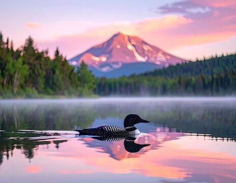 A loon swims on a misty lake with a mountain in the background at sunrise.
