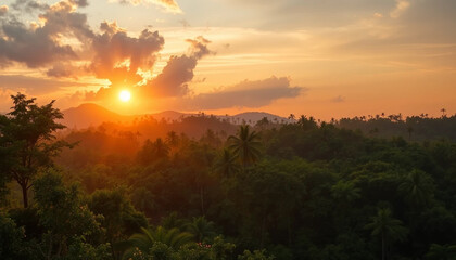 Naklejka premium Golden glow over jungle forest